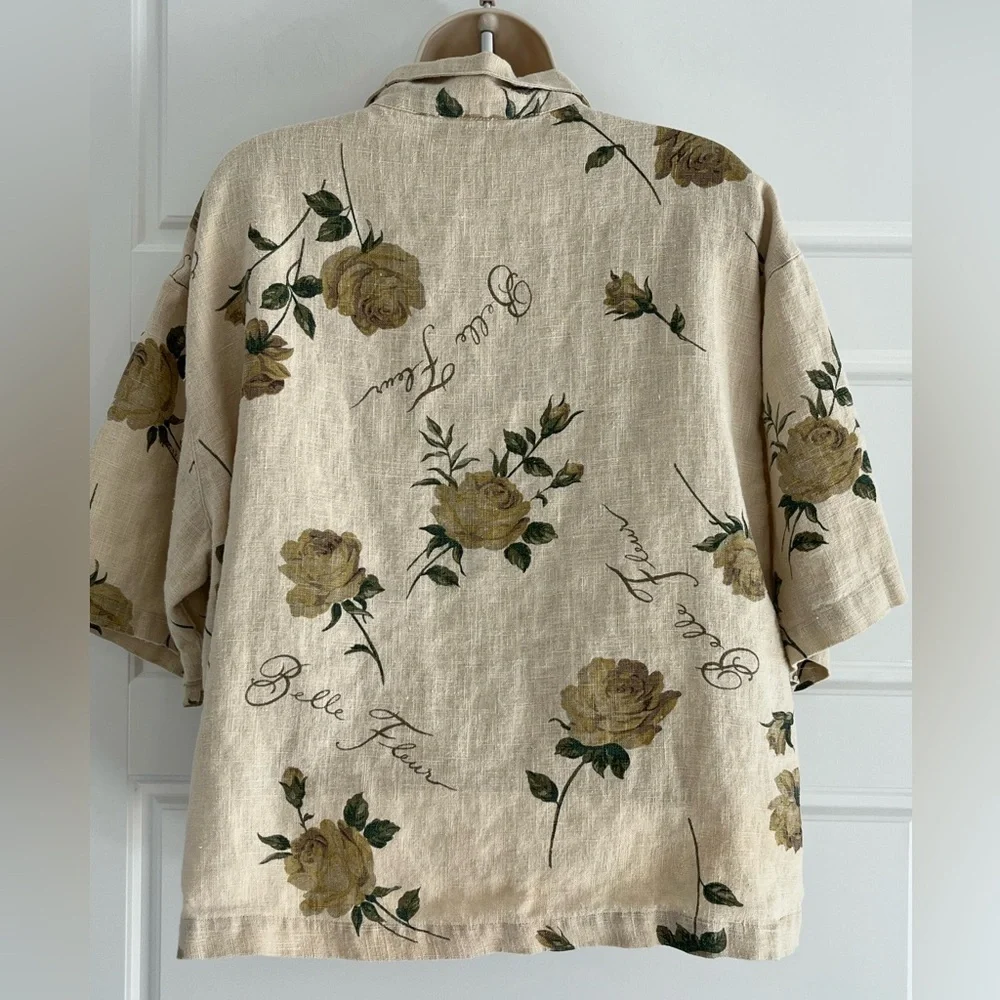 Sweet Jessie 100% Linen Neutral Floral Short Sleeve Button Up Shirt Top Size L